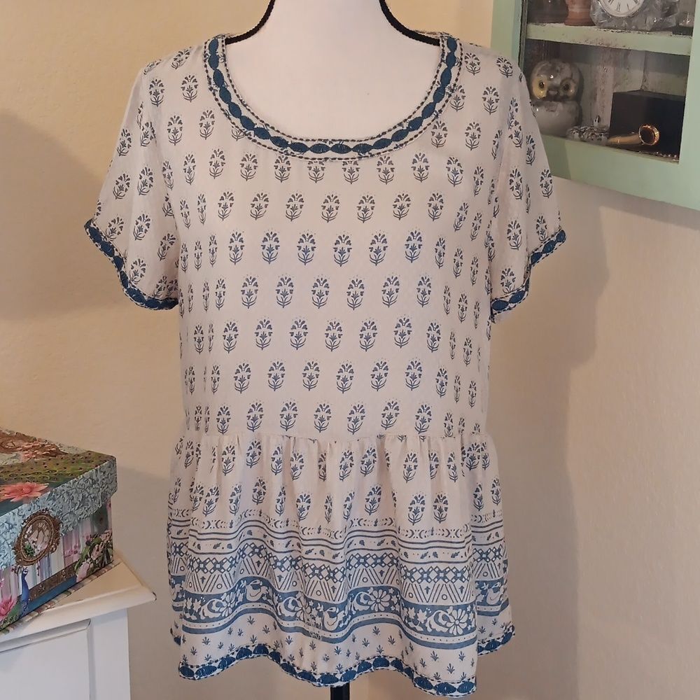Sigrid Olsen Soft Boho Top. Coastal Cowgirl, Nordic, Embroidered - Picture 2 of 13